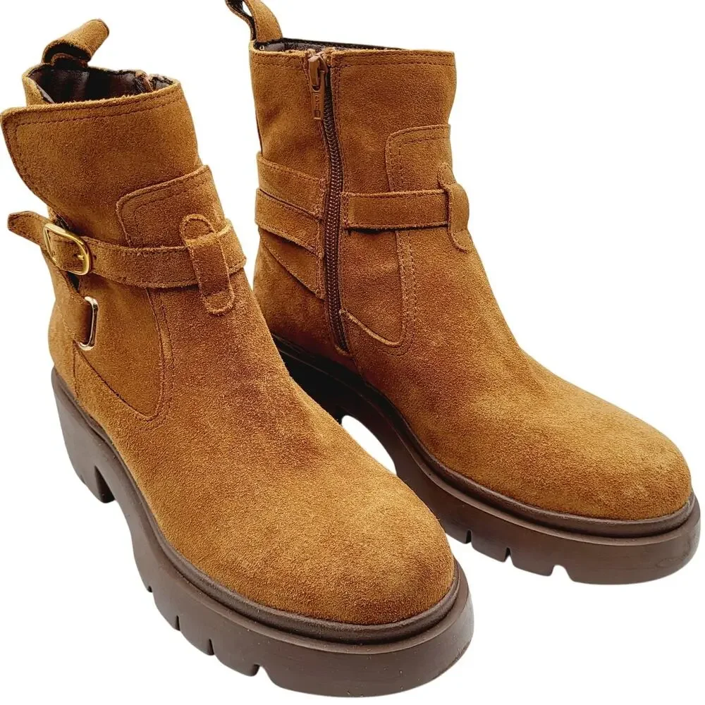 NEW Steve Madden Women's Size 7.5M Caramel Suede Colletta Zip Up Ankle Bootie